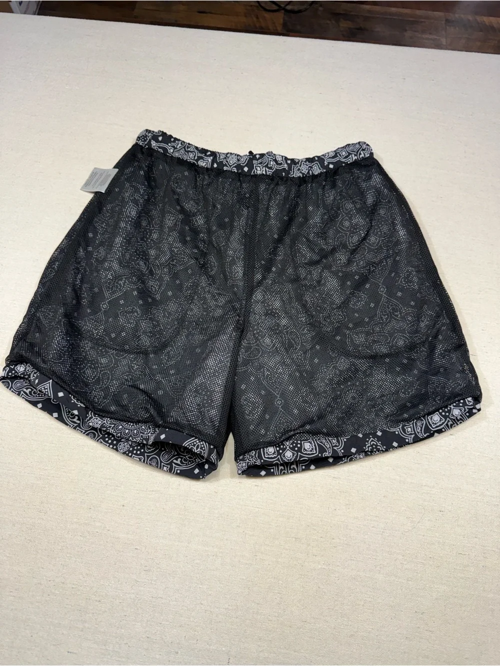 LCKR - Men’s Black Paisley Print Drawstring Swim Shorts - Size Medium